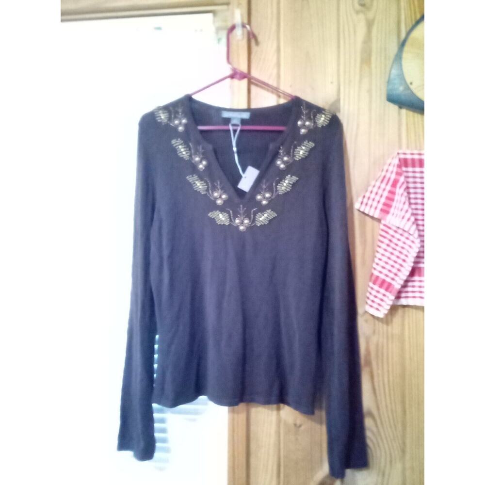 Metric New York L Women's Brown Metallic Beaded Accents Long Sleeve Shirt